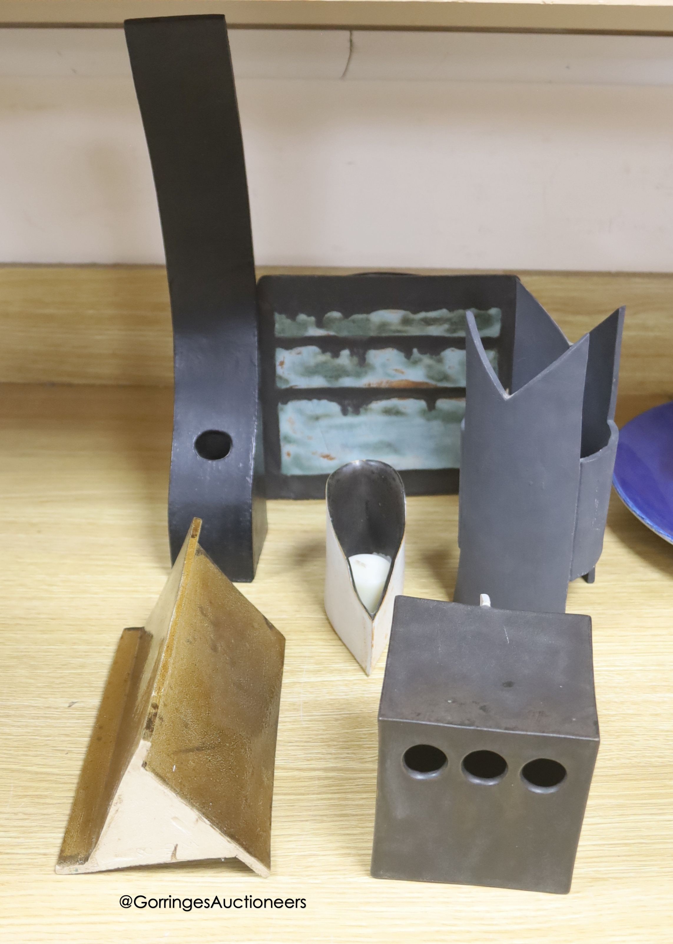 Bill Gill studio pottery - a cube flower holder, 11 x 11cm, a lamp shade and four other items